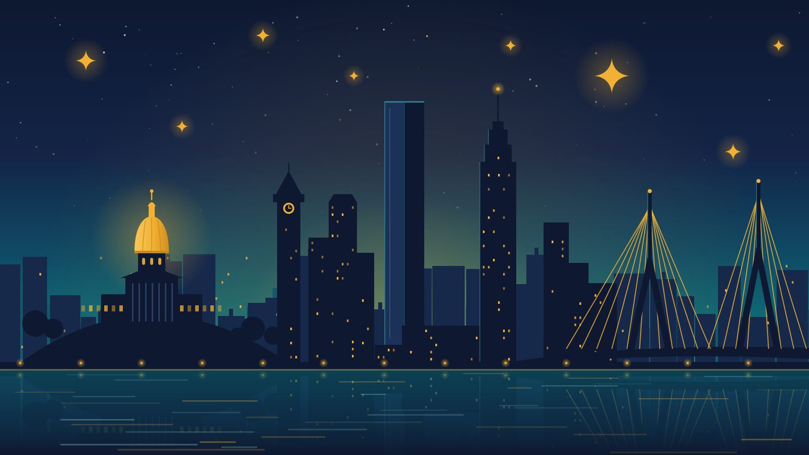 Stylized illustration of the Boston skyline at dusk: the gold-domed State House on Beacon Hill, the Hancock and Prudential towers, and the cables of the Zakim Bridge under a navy-to-teal sky with gold stars, reflected in the river.